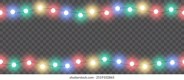 Hanging Christmas lights. Seamless Christmas decorations on transparent background. Glowing lights for Xmas Holiday greeting card design. Garlands. Christmas decoration, colorful LED lamps.