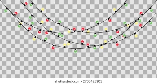 Navidades colgantes luces decoración de cuerdas con bombillas rosas y verdes aisladas sobre fondo transparente