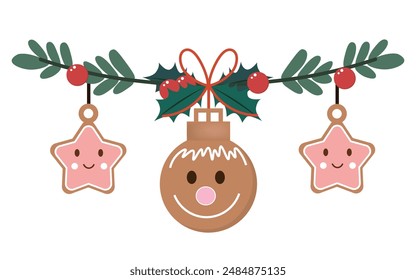 Navidades colgantes adorno de bonitas galletas de jengibre y bayas de acebo. Ilustración vectorial.