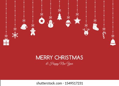 Hanging Christmas ornaments on red background with wishes. Xmas greeting card in cartoon style. Vector