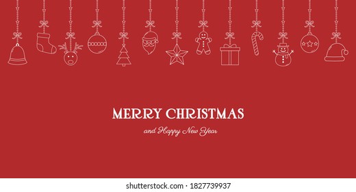 Hanging Christmas ornaments on red background with wishes. Xmas greeting card in cartoon style. Vector