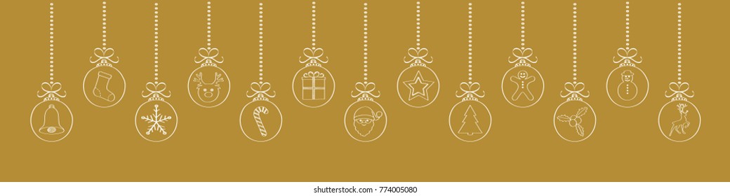 Hanging Christmas ornaments - panoramic banner. Vector.