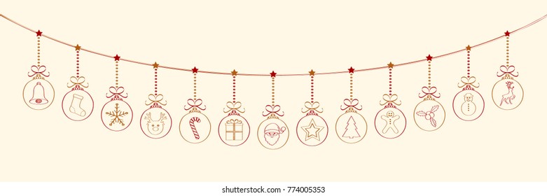 Hanging Christmas ornaments - panoramic banner. Vector.