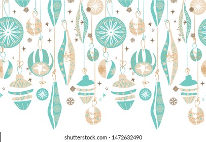 Hanging Christmas ornaments seamless border. Retro abstract vector illustration design.