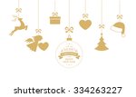 Hanging Christmas ornaments such as Christmas bauble, 
santa hat, reindeer, angel, heart, present and Christmas tree 
with a ribbon forming a versatile border isolated on white.
