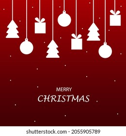 Hanging Christmas ornaments such as gift, ball, and tree in white color. Merry Christmas text isolated on red background.Vector illustration.