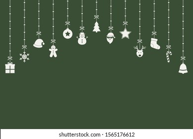 Hanging Christmas ornaments. Xmas background with decoration and copyspace. Vector