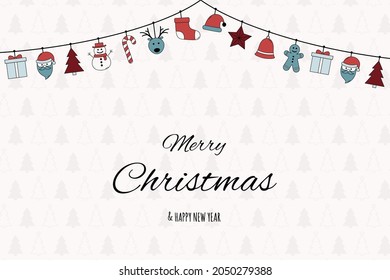 Hanging Christmas ornaments. Xmas card with wishes. Vector
