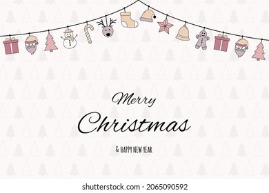 Hanging Christmas ornaments. Xmas card with wishes. Vector