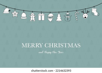 Hanging Christmas ornaments. Xmas card with wishes. Vector