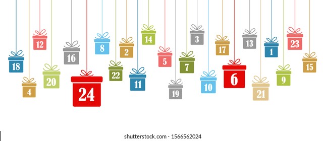 hanging christmas presents different colors with numbers 1 to 24 showing advent calendar for xmas and winter time concepts panorama style