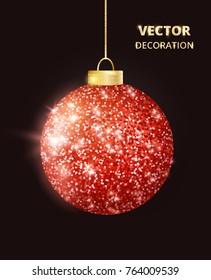 Hanging Christmas red ball on black background. Sparkling glitter texture bauble, holiday decoration. Great for Christmas and New Year design of cards, party posters, banners. Vector illustration.