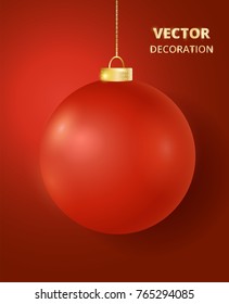 Hanging Christmas red ball on red background. Mat gloss metal bauble, holiday decoration. Great for Christmas and New Year design of cards, party posters, banners. Vector illustration.