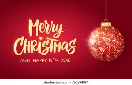 Hanging Christmas red ball on red background. Sparkling metal glitter bauble. Merry Christmas hand drawn text. For Christmas and New Year cards, gift tags, labels, party posters, banners, headers.