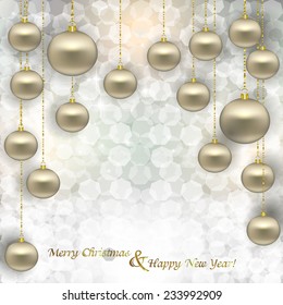Hanging Christmas silver balls in sequin on abstract background. Vector illustration of holiday, Christmas tree decorations, menu, card, postcard, banner. Hanging bunch of Christmas tree decorations.