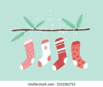 Hanging Christmas socks illustration. Holiday greeting card. Xmas design.
