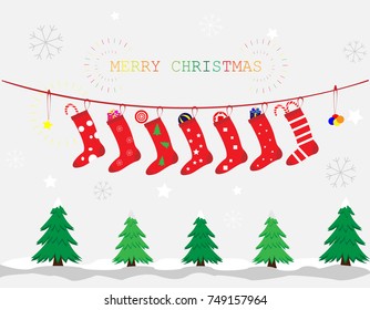 Hanging Christmas socks with Pine tree. - Illustration,Star, Snowing, Christmas, Santa Claus, Snowflake
