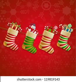 Hanging christmas socks with present. Vector illustration.