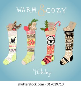 Hanging Christmas Socks With Present. Warm And Cozy Holiday.