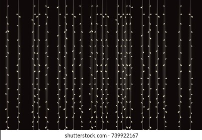 Hanging christmas sparkling lightbulbs, overhead modern garlands, party decoration. Sparkling lighting decor. Decorative lights on black background. Garland vector pattern.