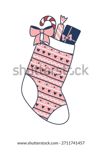Hanging Christmas stocking filled with presents, isolated on transparent. Hand drawn line art vector illustration. Traditional holiday, Epiphany, Three Kings Day, seasonal design element, clip art