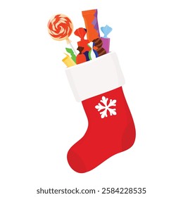 Hanging Christmas stocking with sweets - candies, lollipops and other treats, isolated on white background. Red Christmas sock with  snowflake. Vector