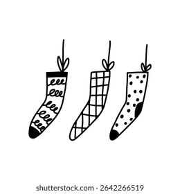Hanging Christmas stockings cartoon doodle vector illustration isolated on white background. Cute hand drawn winter decoration outline drawing.