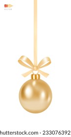 Hanging Christmas Toy with a Bow. Traditional Christmas Tree Shiny Gold Ball. Holiday Decor - golden sphere hanging on a ribbon. Luxury decorative Design Template. Realistic 3d vector illustration