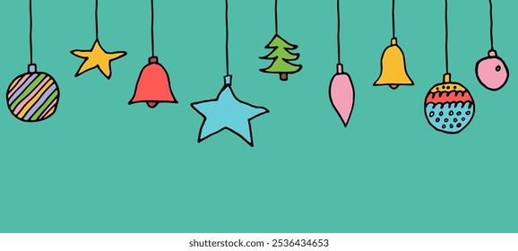 Juguetes de Navidades colgantes en estilo dibujado a mano, dibujo de niños. Navidades de fondo con espacio de copia. Ilustración vectorial