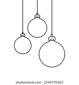 Pendurando bolas de árvore de Natal. Silhueta linear com contorno preto. Traçados editáveis. Vista frontal. Ilustração gráfica plana simples vetorial. Objeto isolado no plano de fundo branco. Isolar.