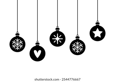 Hanging Christmas tree balls. Black silhouette. Horizontal front side view. Vector simple flat graphic illustration. Isolated object on white background. Isolate.