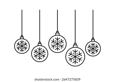 Hanging Christmas tree balls. Black outline linear silhouette. Editable strokes. Front side view. Vector simple flat graphic illustration. Isolated object on white background. Isolate.