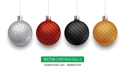 Hanging Christmas tree balls in silver, red, black, and golden colors isolated on a white background. Set of vector jingle balls with different patterns, for Xmas greeting card design decoration.
