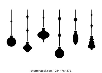 Hanging Christmas tree toys. Black silhouette. Horizontal front view. Vector simple flat graphic illustration. Isolated object on white background. Isolate.