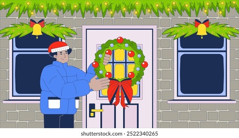 Hanging Christmas wreath on front door flat illustration. Santa hat latino man decorating frontdoor for xmas with garlands 2D character cartoon background. Yuletide eve scene vector storytelling image