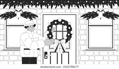 Hanging Christmas wreath on front door black and white line illustration. Santa hat man decorating frontdoor xmas with garlands 2D character monochrome background. Yuletide eve outline vector image