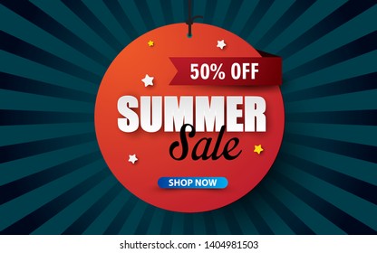 Hanging circle summer sale background layout. Sale promo 50% off banner vector illustration.