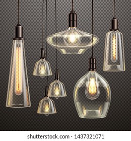 Hanging clear glass lamps with glowing filament antique led light bulbs realistic dark gradient transparent set vector illustration  