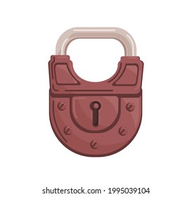 Hanging closed iron colored padlock with locked metal shackle and keyhole. Realistic protecting mechanism with key hole for lockers and safes. Flat cartoon vector illustration isolated on white