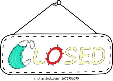 Hanging closed sign shop vector with face mask and virus icon.