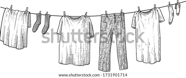 Hanging clothes illustration, drawing, engraving,\
ink, line art, vector