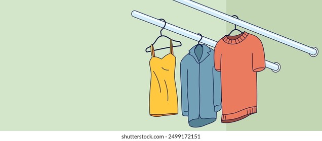 Hanging clothes. Men's and woman's clothes on hangers. Clothes shop concept for banners. Perspective angle drawing.