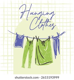 Hanging Clothes on a Clothesline Hand Drawn Illustration