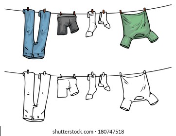 hanging clothes on washing line, color and outline, vector illustration