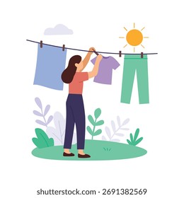 Ropa colgante, persona que seca la ropa en la luz del sol naturalmente