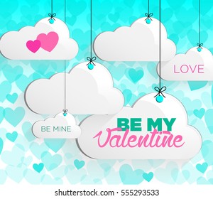 hanging clouds for valentine day and blue background, vector illustration