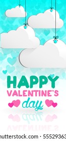 hanging clouds for valentine day and blue background, vector illustration
