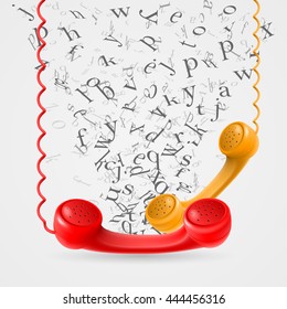 Hanging colored handsets with flying letters. Vector illustration
