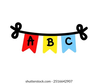 Banner pendente colorido alfabeto letra abc. Educação, linguagem, pré-escola para crianças, conceitos de aprendizagem escolar. Ilustração isolada de design de vetor decorativo plano.