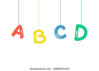 Hanging colorful alphabet letter abcd banner. Education, language, kids preschool, school learning concepts. Flat decorative vector design isolated illustration.